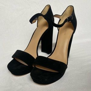 Black suede Pour La Victoire Yvette d’Orsay ankle strap open-toe block platform